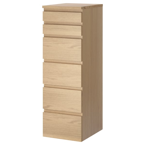 MALM chest of 6 drawers, white stained oak veneer/mirror glass, 40x123 cm