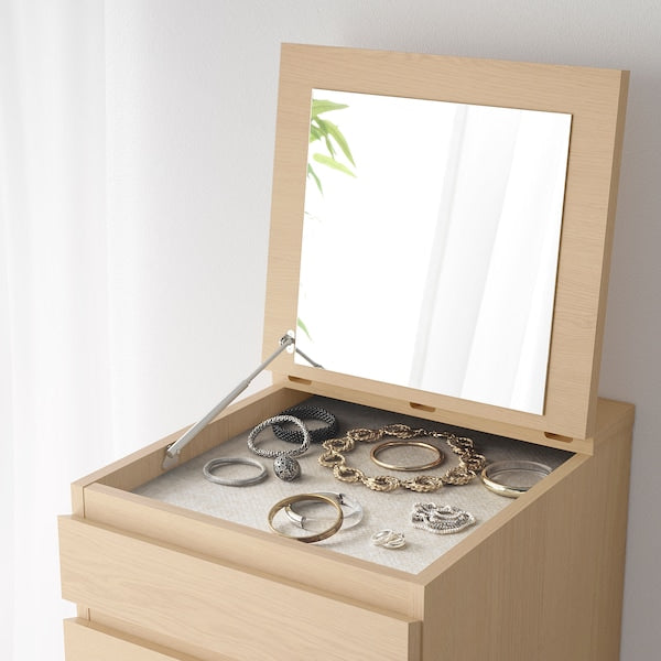 MALM - Chest of 6 drawers, white stained oak veneer/mirror glass, 40x123 cm