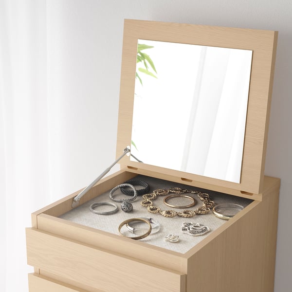MALM chest of 6 drawers, white stained oak veneer/mirror glass, 40x123 cm