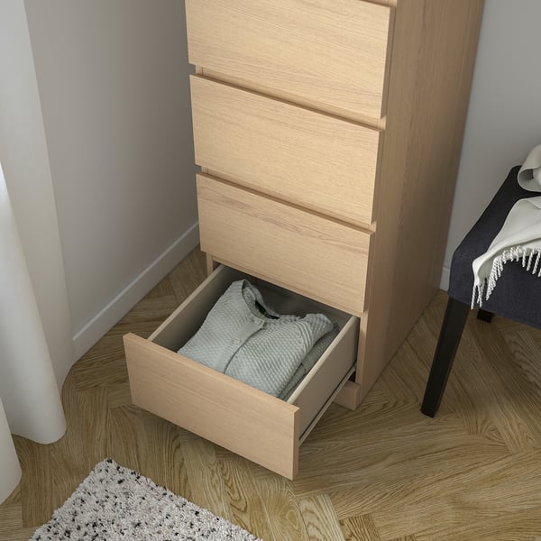 MALM chest of 6 drawers, white stained oak veneer/mirror glass, 40x123 cm
