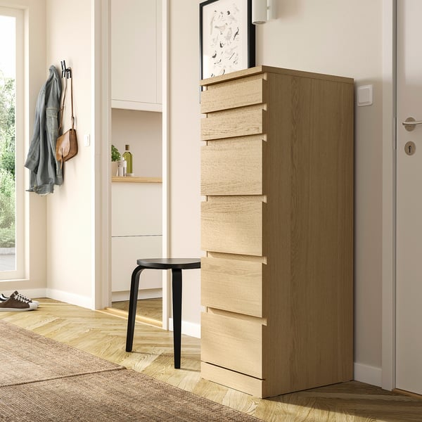 MALM chest of 6 drawers, white stained oak veneer/mirror glass, 40x123 cm
