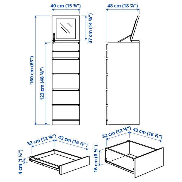 Ikea MALM - Chest of 6 drawers, white stained oak veneer/mirror glass, 40x123 cm