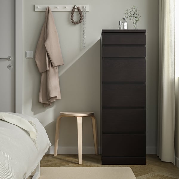 MALM chest of 6 drawers, black-brown/mirror glass, 40x123 cm