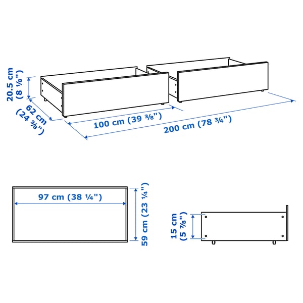 MALM bed storage box for high bed frame, white stained oak veneer, 200 cm, 2 pack