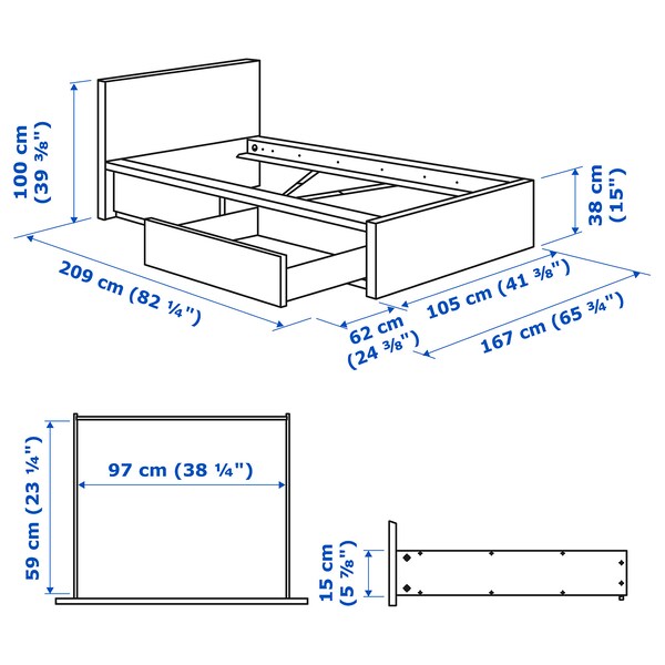 MALM Tall bed structure/2 containers - white/Leirsund 90x200 cm , 90x200 cm