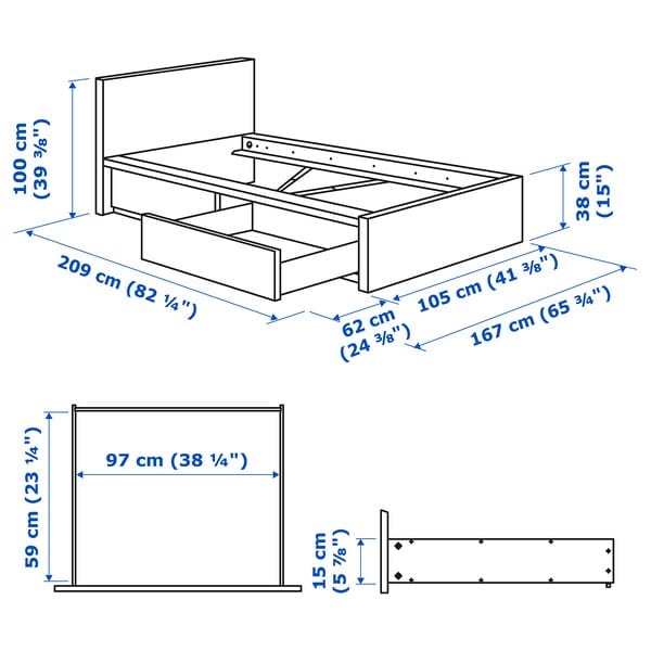 Ikea MALM Tall bed structure/2 containers - white/Leirsund 90x200 cm , 90x200 cm