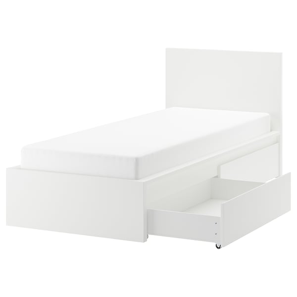 MALM bed frame, high, w 2 storage boxes, white/Leirsund, 90x200 cm