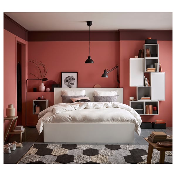 MALM bed frame, high, w 2 storage boxes, white/Lindbåden, 180x200 cm