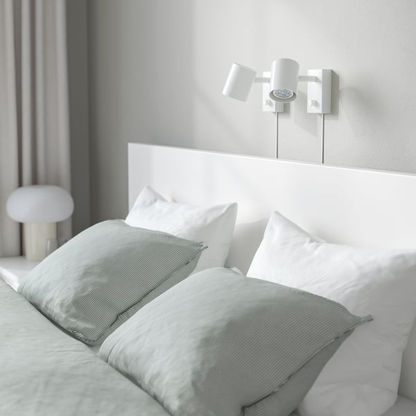 MALM bed frame, high, w 2 storage boxes, white/Lindbåden, 180x200 cm