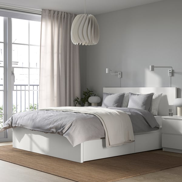MALM bed frame, high, w 2 storage boxes, white/Lindbåden, 180x200 cm