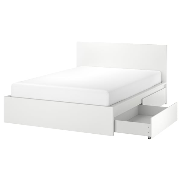 MALM bed frame, high, w 2 storage boxes, white/Lindbåden, 140x200 cm