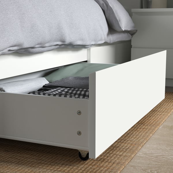 MALM bed frame, high, w 2 storage boxes, white/Lindbåden, 180x200 cm