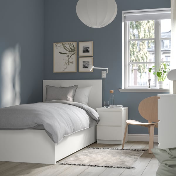 MALM bed frame, high, w 2 storage boxes, white/Lönset, 90x200 cm