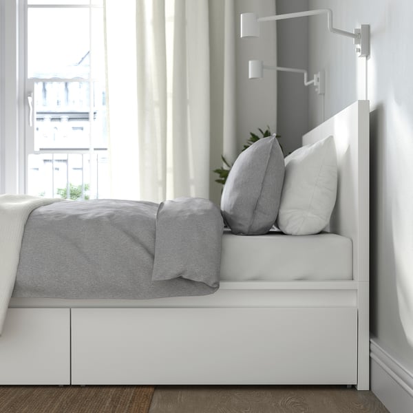 MALM bed frame, high, w 2 storage boxes, white/Luröy, 140x200 cm