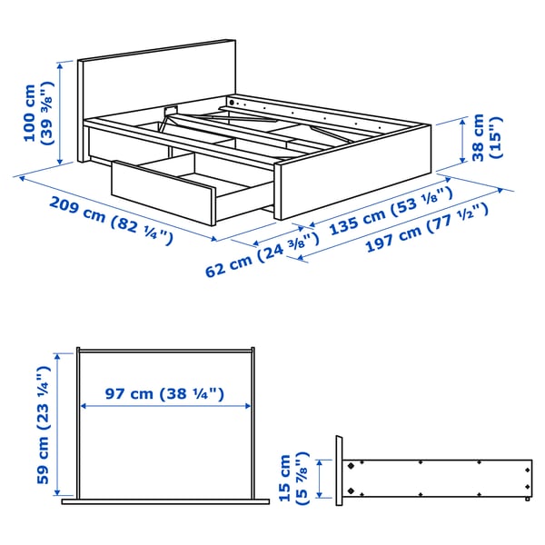 MALM bed frame, high, w 2 storage boxes, white, 120x200 cm
