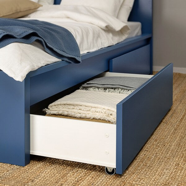 MALM - High bed frame/2 containers, blue/Lönset,140x200 cm