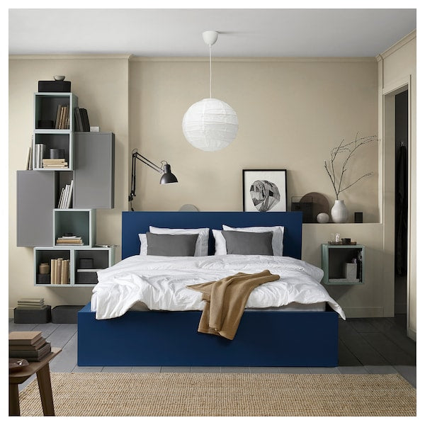 MALM - High bed frame/2 containers, blue/Lönset,140x200 cm
