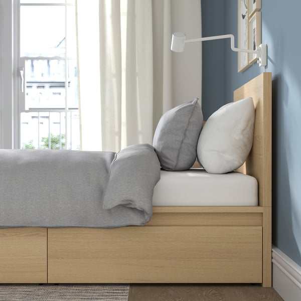 MALM bed frame, high, w 2 storage boxes, white stained oak veneer/Leirsund, 90x200 cm