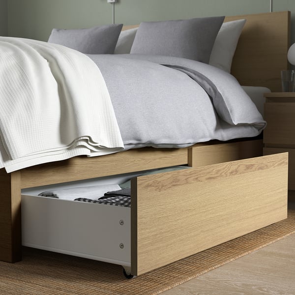 MALM bed frame, high, w 2 storage boxes, white stained oak veneer/Leirsund, 140x200 cm