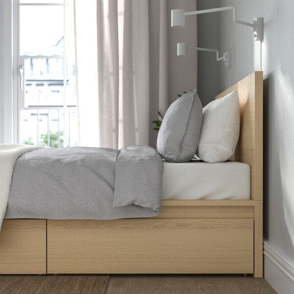 Ikea MALM High bed frame/2 storage units, mord white oak veneer/Lindbåden, 140x200 cm