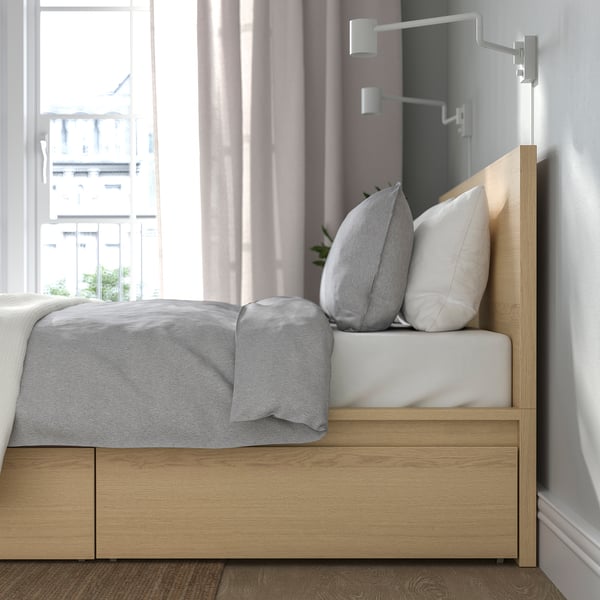MALM bed frame, high, w 2 storage boxes, white stained oak veneer/Lindbåden, 160x200 cm