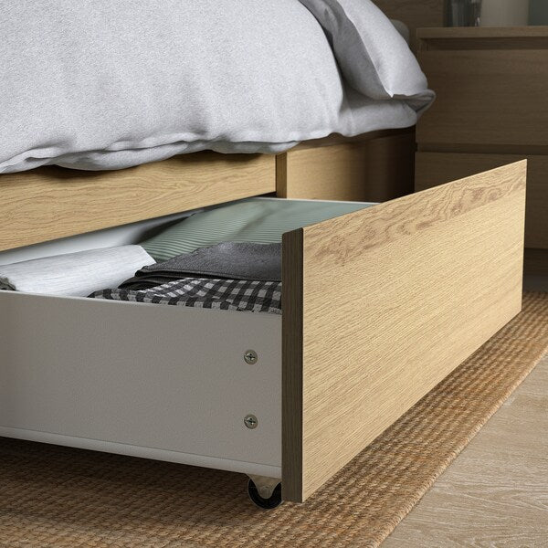 MALM High bed frame/2 storage units, mord white oak veneer/Lindbåden, 160x200 cm