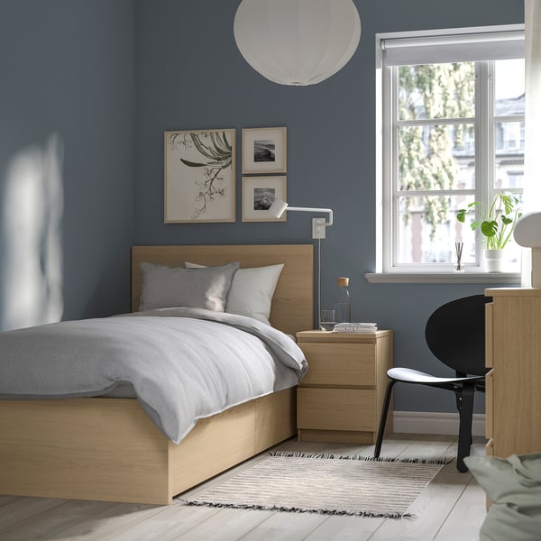 MALM - High bed frame/2 storage units, mord white oak veneer/Lönset, 90x200 cm