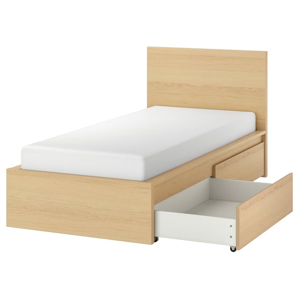 MALM bed frame, high, w 2 storage boxes, white stained oak veneer/Lönset, 90x200 cm
