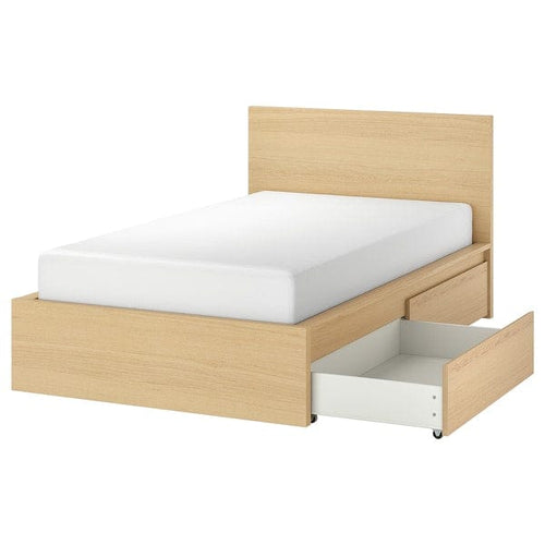 MALM - High bed frame/2 storage units, white mord oak veneer,120x200 cm