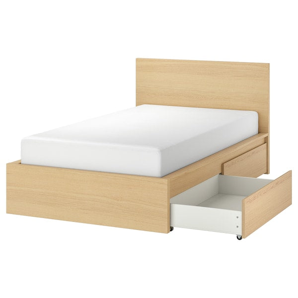 MALM - High bed frame/2 storage units, white mord oak veneer,120x200 cm