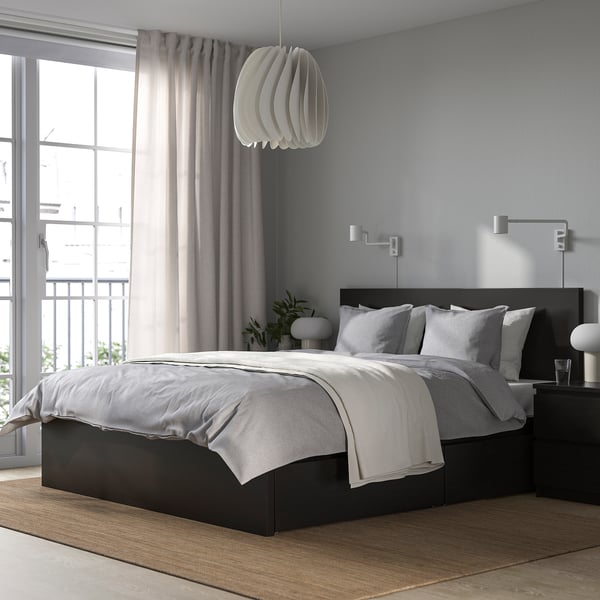 MALM bed frame, high, w 2 storage boxes, black-brown/Lindbåden, 140x200 cm