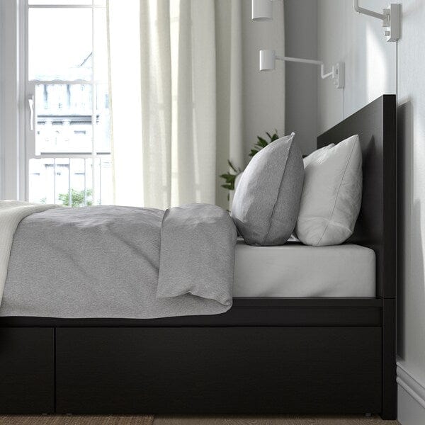 Ikea MALM Bed frame, high / 2 storage boxes, black-brown / Lindbåden, 140x200 cm , 140x200 cm