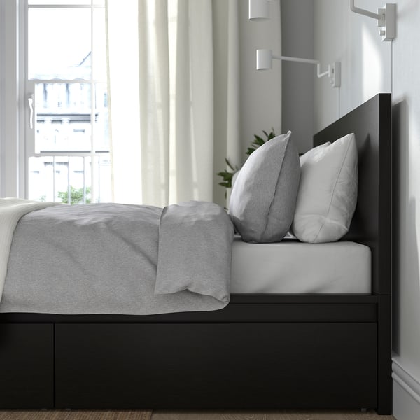 MALM bed frame, high, w 2 storage boxes, black-brown/Lindbåden, 140x200 cm