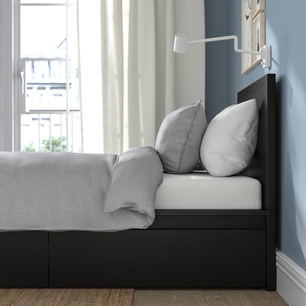 MALM bed frame, high, w 2 storage boxes, black-brown/Lönset, 90x200 cm