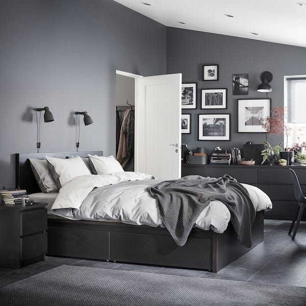 Ikea MALM Tall bed structure/2 containers - brown-black/Luröy 160x200 cm
