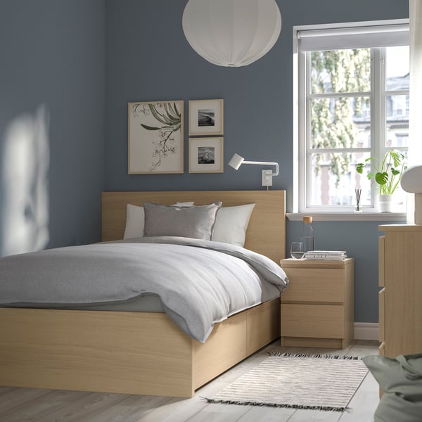 MALM bed frame, high, w 2 storage boxes