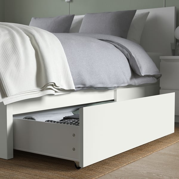 MALM bed frame, high, w 4 storage boxes, white/Lindbåden, 160x200 cm