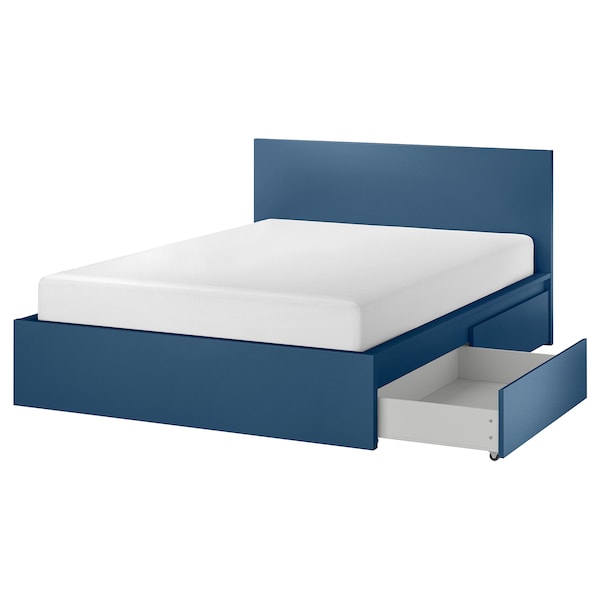 MALM - High bed frame/4 containers, blue/Lindbåden,140x200 cm