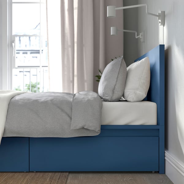 MALM - High bed frame/4 containers, blue/Luröy,160x200 cm
