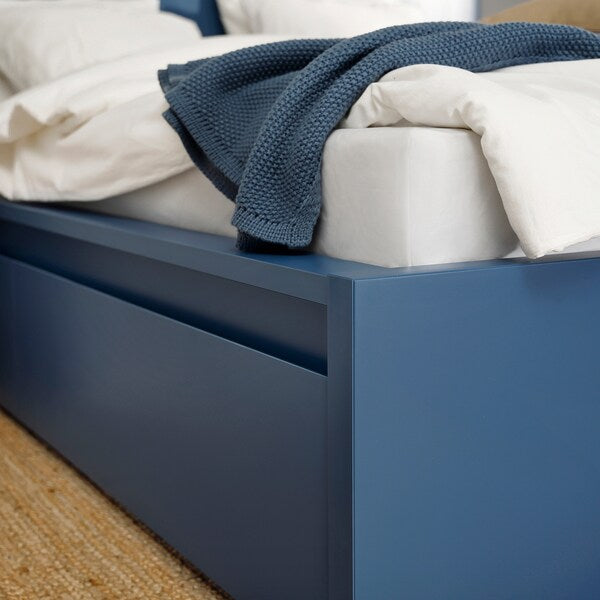 MALM - High bed frame/4 storage boxes, blue,140x200 cm