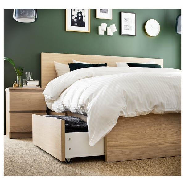 MALM bed frame, high, w 4 storage boxes, white stained oak veneer/Lindbåden, 180x200 cm