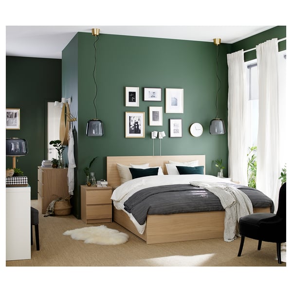 MALM bed frame, high, w 4 storage boxes, white stained oak veneer/Lindbåden, 180x200 cm