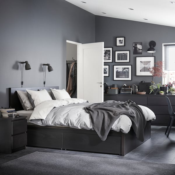 MALM bed frame, high, w 4 storage boxes, black-brown/Lindbåden, 180x200 cm