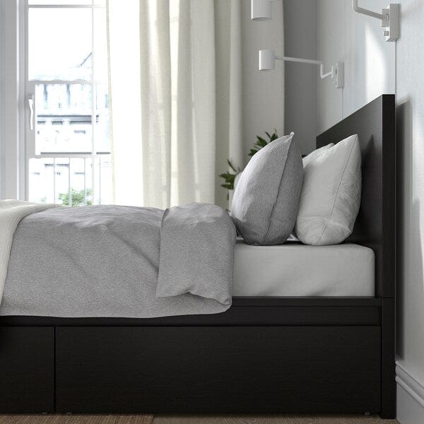 Ikea MALM High bed frame/4 containers, brown-black/Lindbåden, 140x200 cm