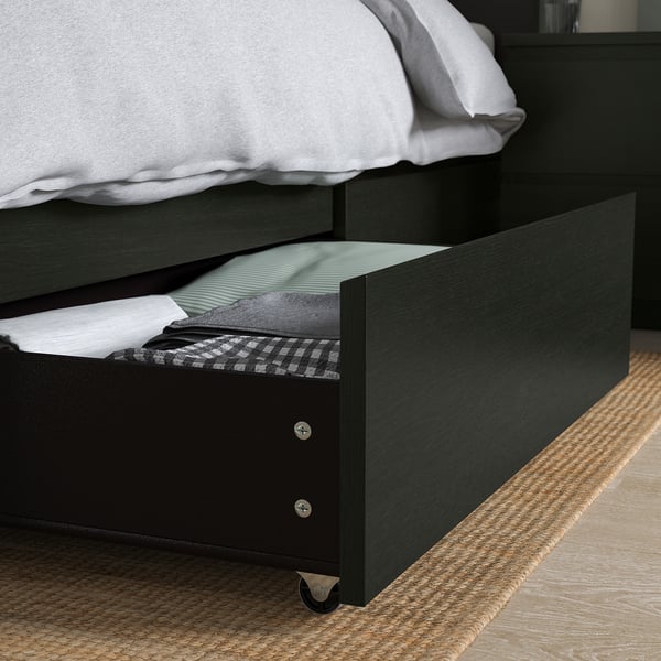 MALM bed frame, high, w 4 storage boxes, black-brown/Lindbåden, 180x200 cm