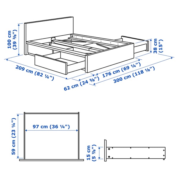 MALM bed frame, high, w 4 storage boxes, black-brown/Luröy, 160x200 cm