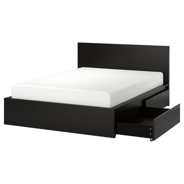 MALM bed frame, high, w 4 storage boxes, black-brown/Luröy, 160x200 cm