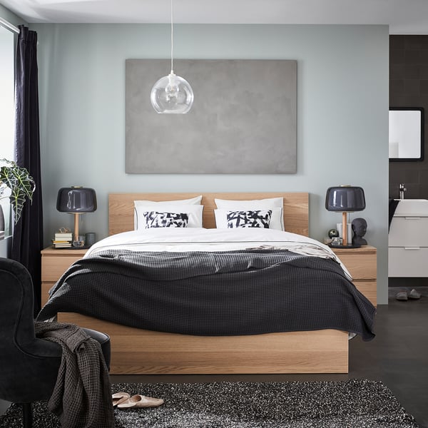 MALM bed frame, high, white stained oak veneer/Lindbåden, 180x200 cm