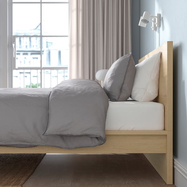MALM bed frame, high, white stained oak veneer/Lindbåden, 140x200 cm