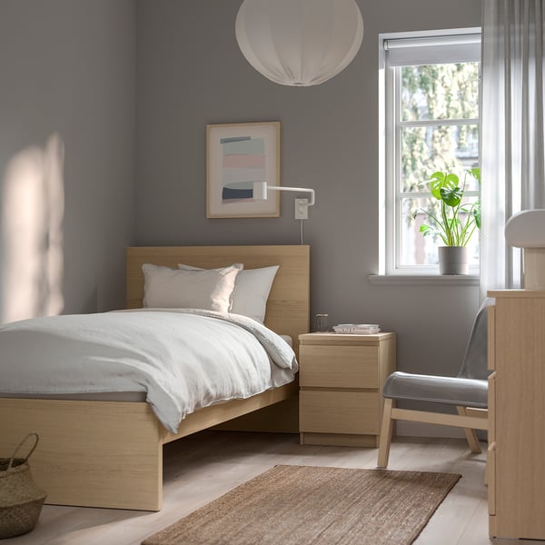 MALM - High bed frame, mord white oak veneer/Lönset, 90x200 cm ,
